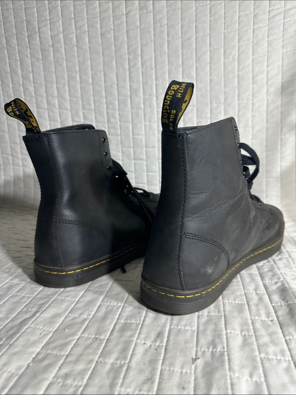Dr. Martens Tobias Black Leather Lace-Up Men’s Boots with Yellow Stitching